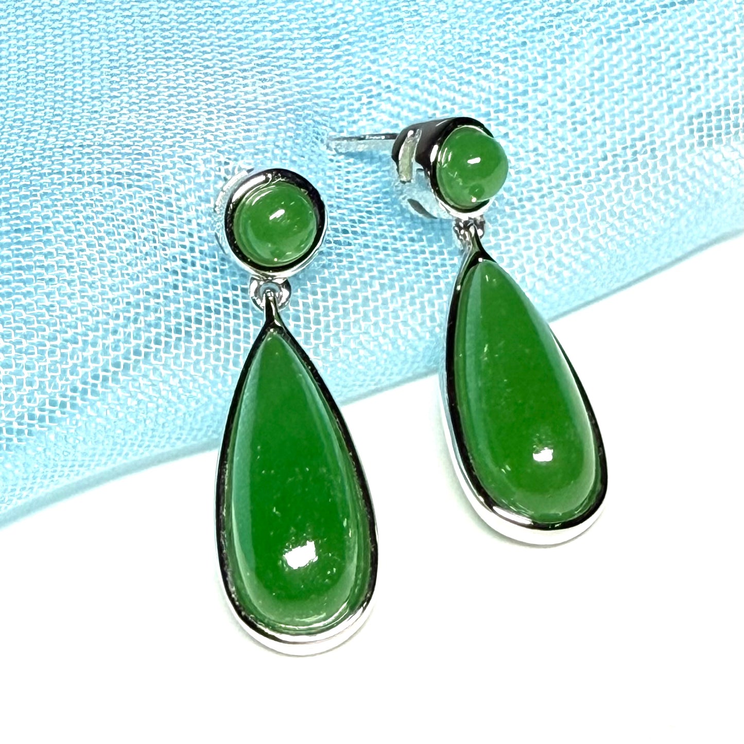 Real jade earrings drop double round and teardrop white gold drop design