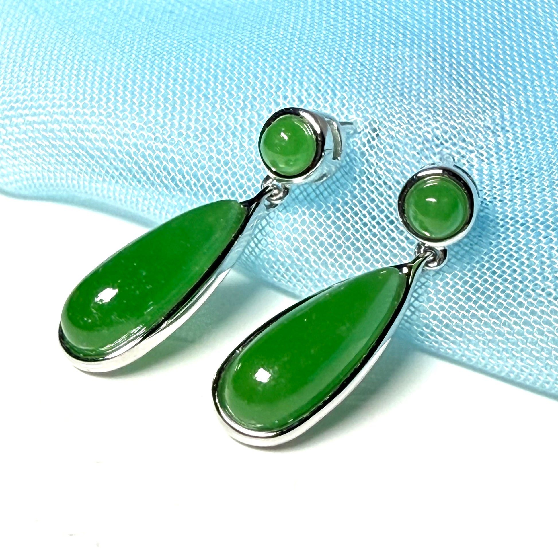 Real jade earrings drop double round and teardrop white gold drop design