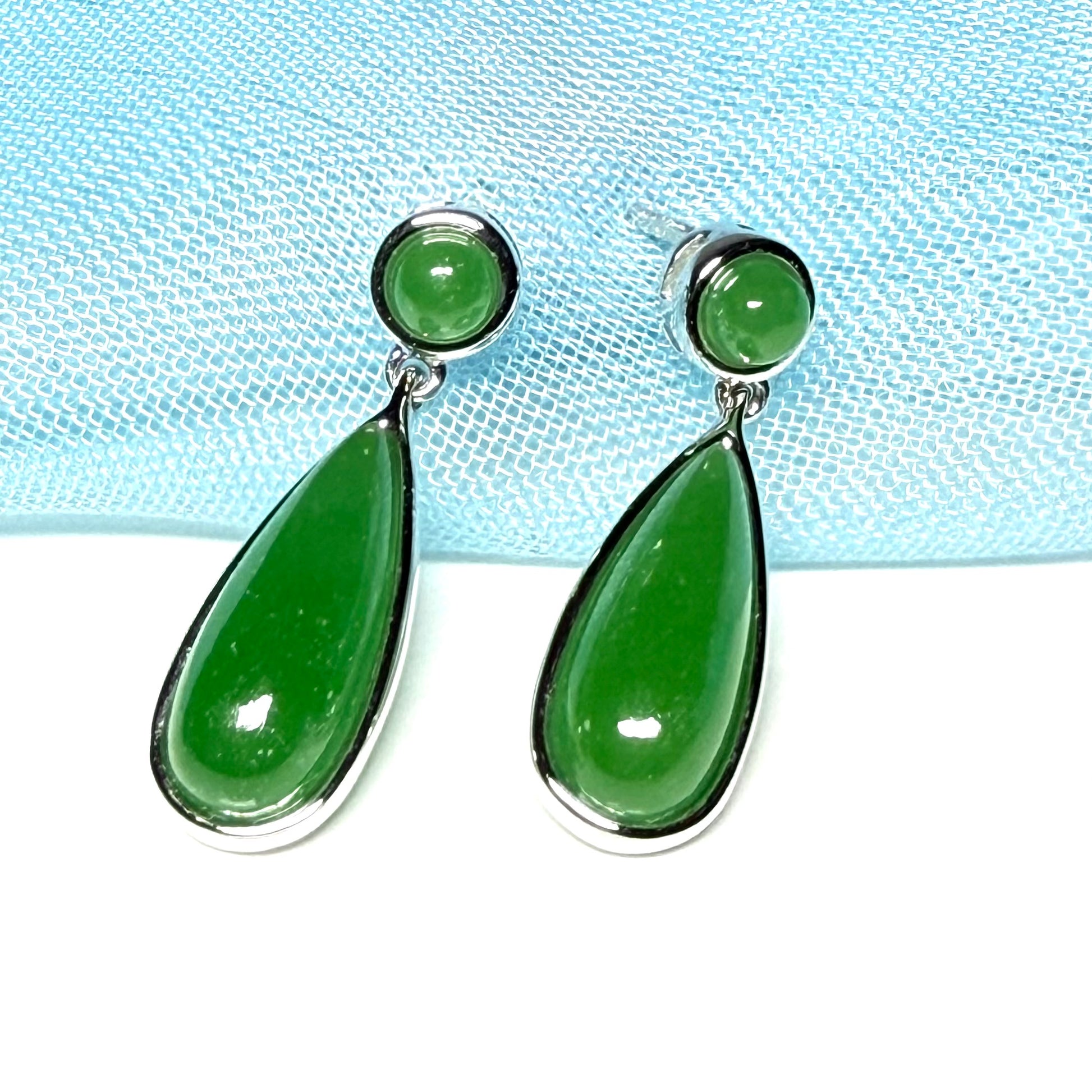 Real jade earrings drop double round and teardrop white gold drop design