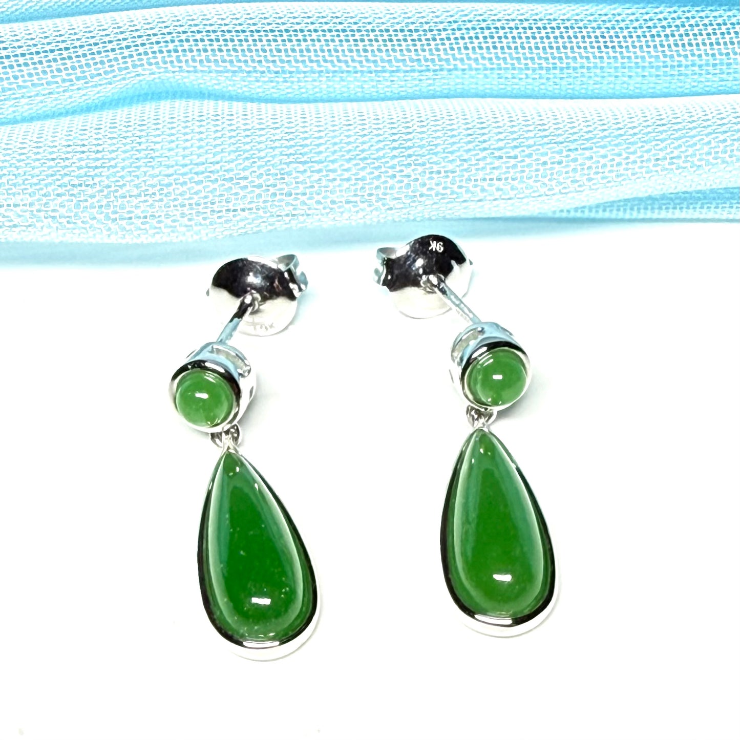 Real jade earrings drop double round and teardrop white gold drop design