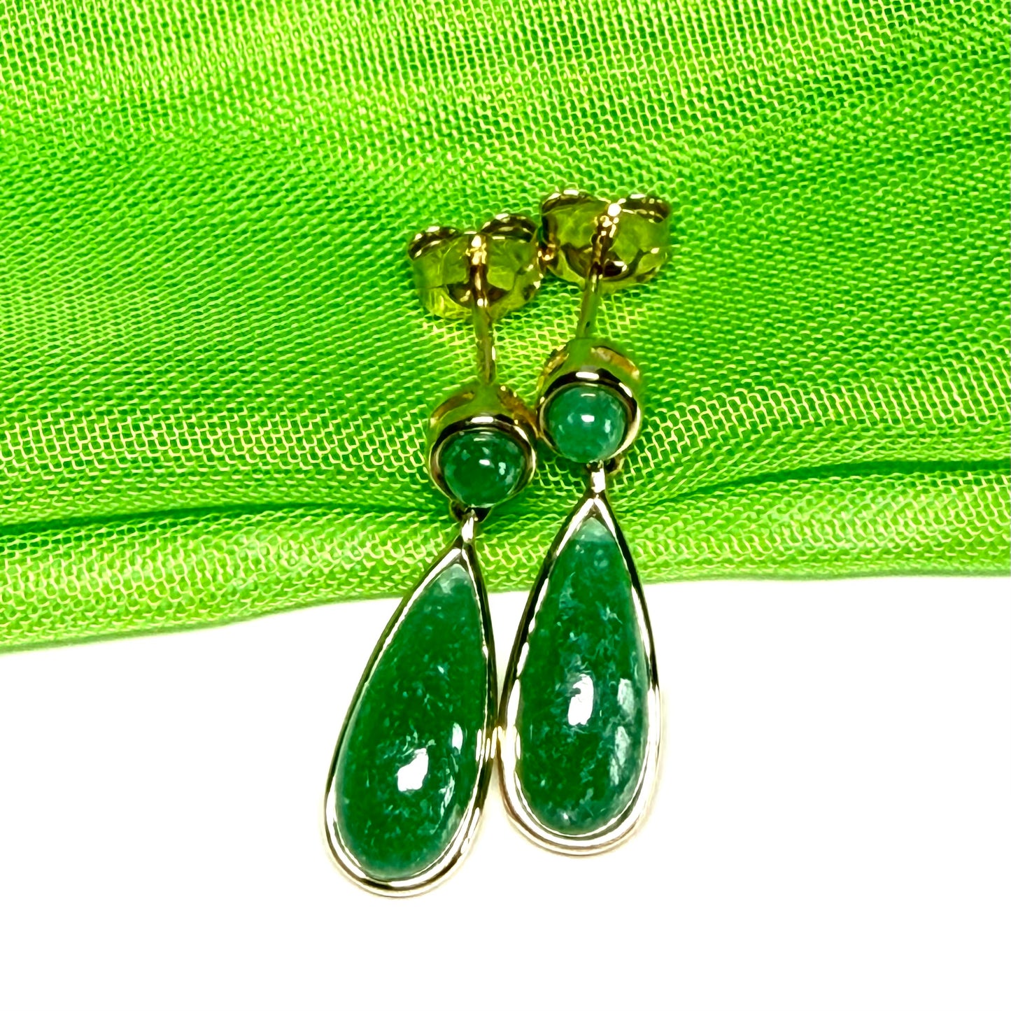Real jade earrings drop double round and teardrop yellow gold drop design