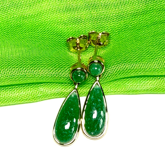 Real jade earrings drop double round and teardrop yellow gold drop design