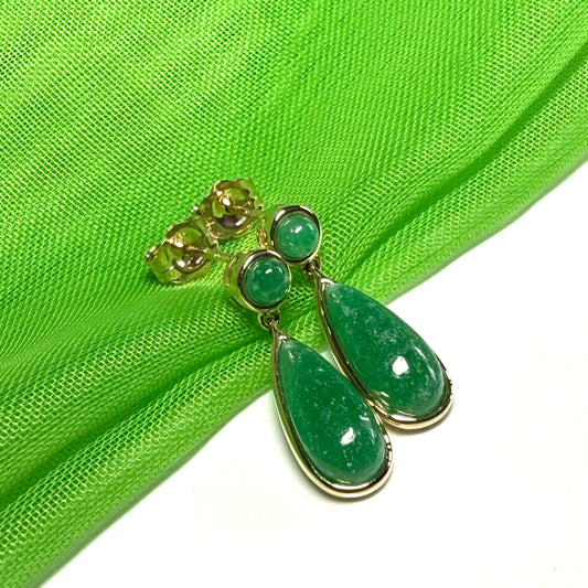 Real jade earrings drop double round and teardrop yellow gold drop design