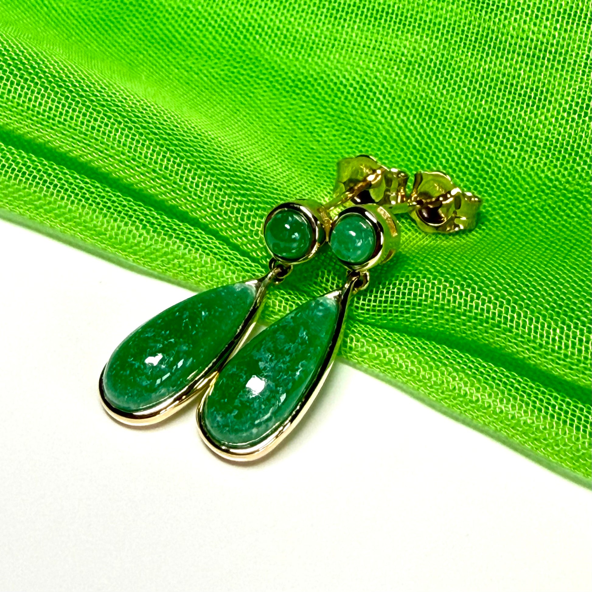Real jade earrings drop double round and teardrop yellow gold drop design
