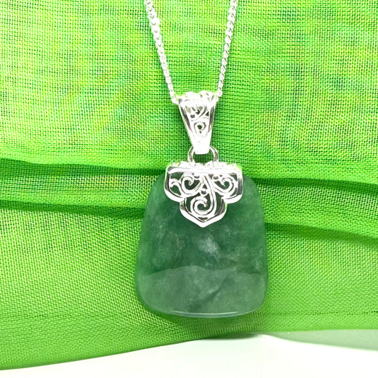 Real jade necklace green sterling silver large cushion shaped pendant, a beautiful necklace