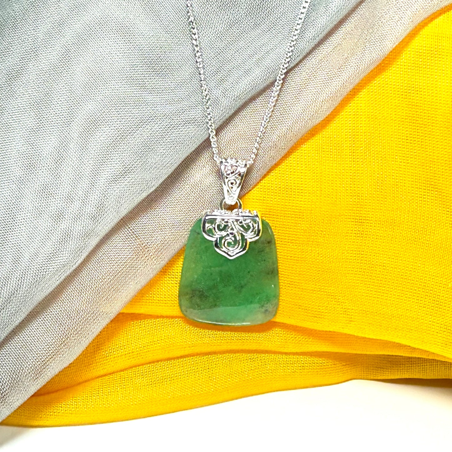 Real jade neck pendant green sterling silver large cushion shaped, a truly stunning necklace