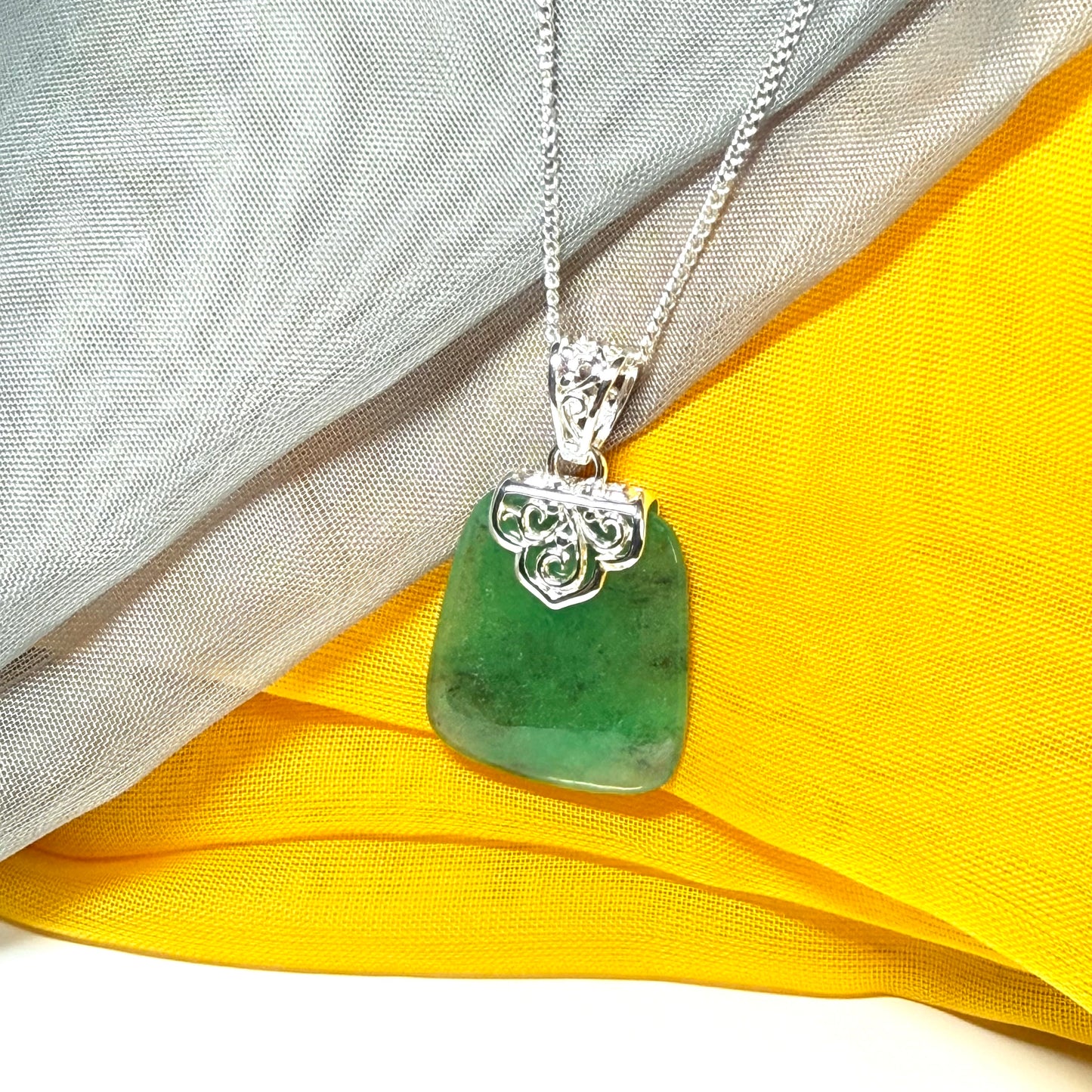 Real jade neck pendant green sterling silver large cushion shaped, a truly stunning necklace