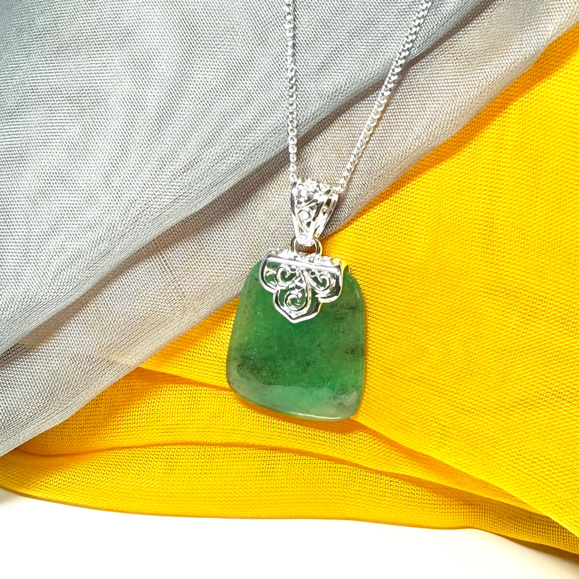 Real jade neck pendant green sterling silver large cushion shaped, a truly stunning necklace