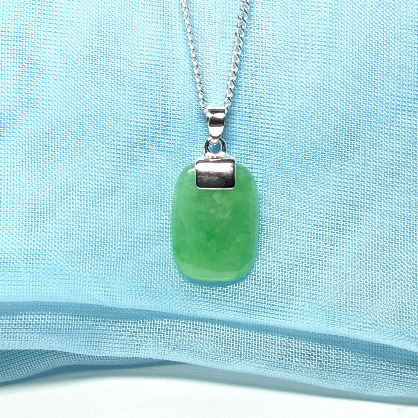 Real jade necklace cushion shaped green stone sterling silver including chain