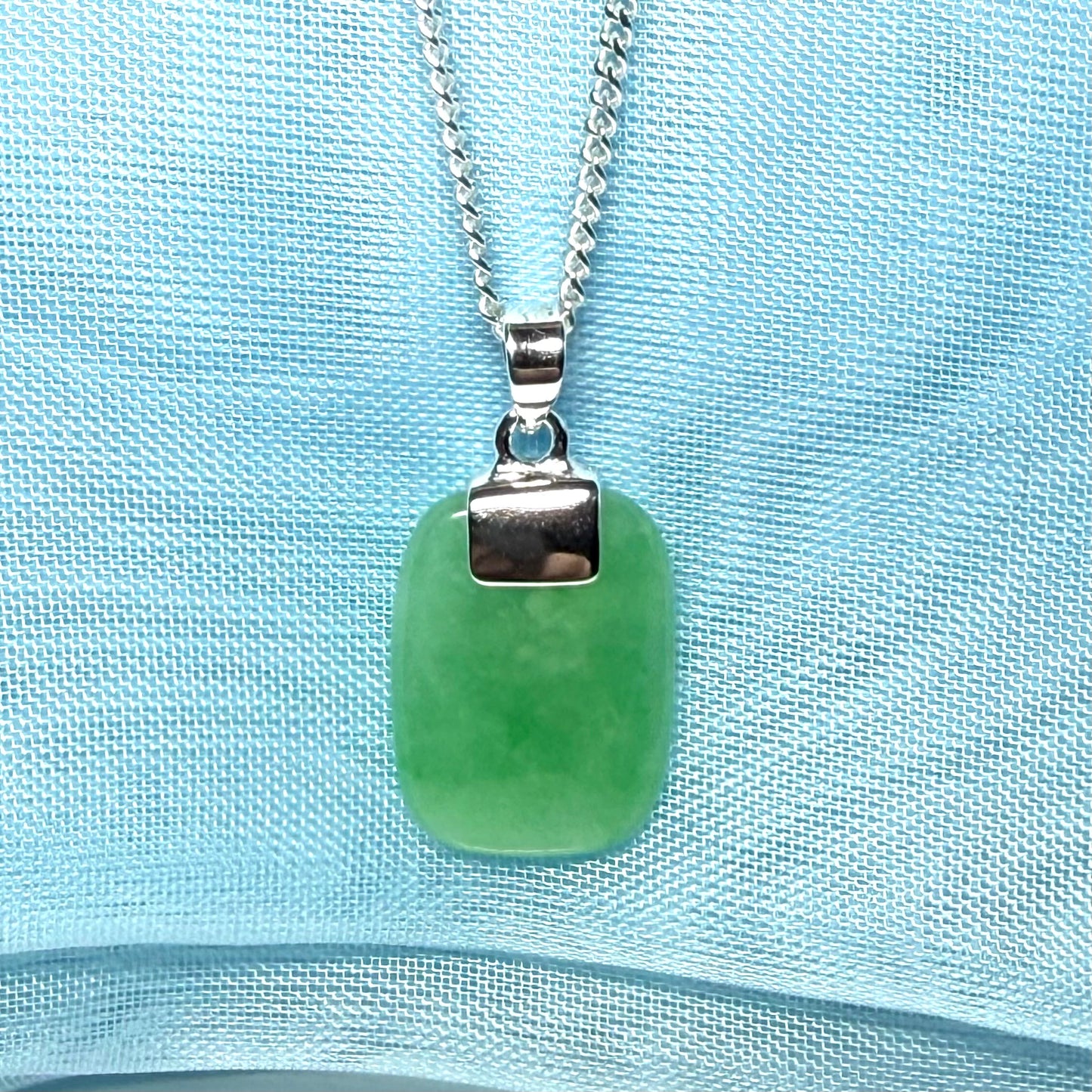 Real jade necklace cushion shaped green stone sterling silver including chain