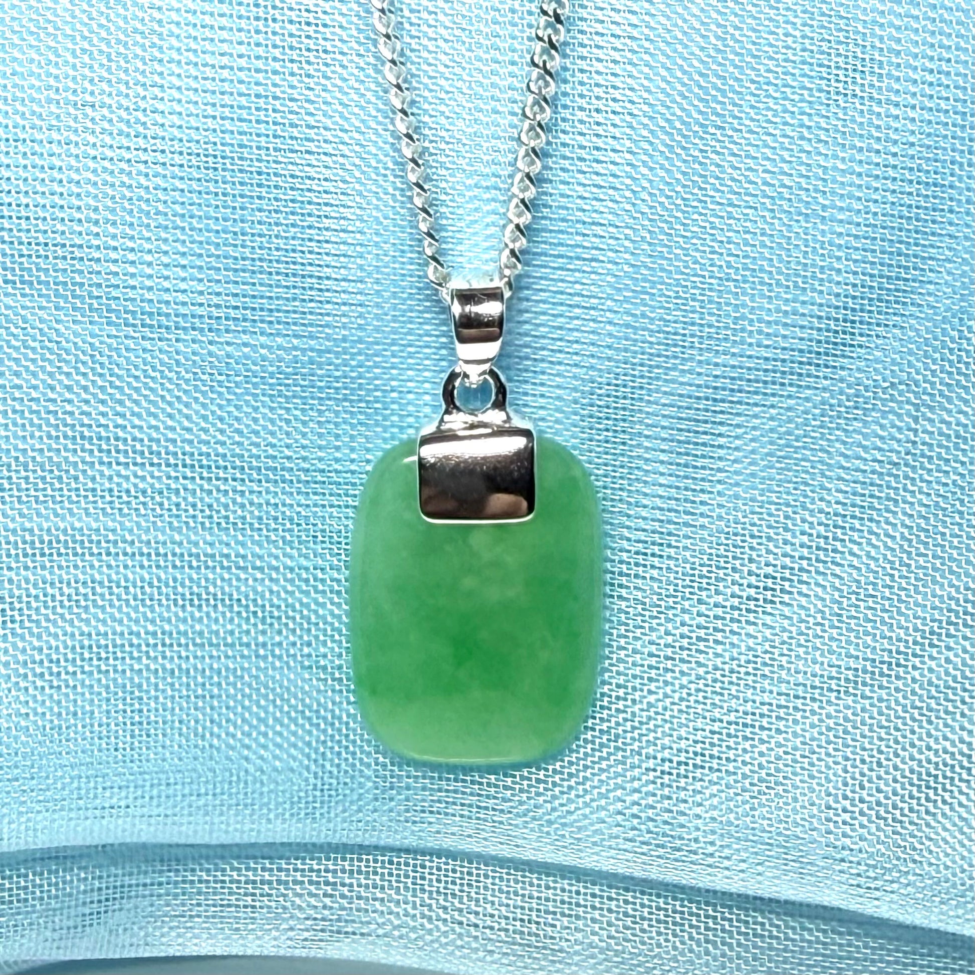 Real jade necklace cushion shaped green stone sterling silver including chain