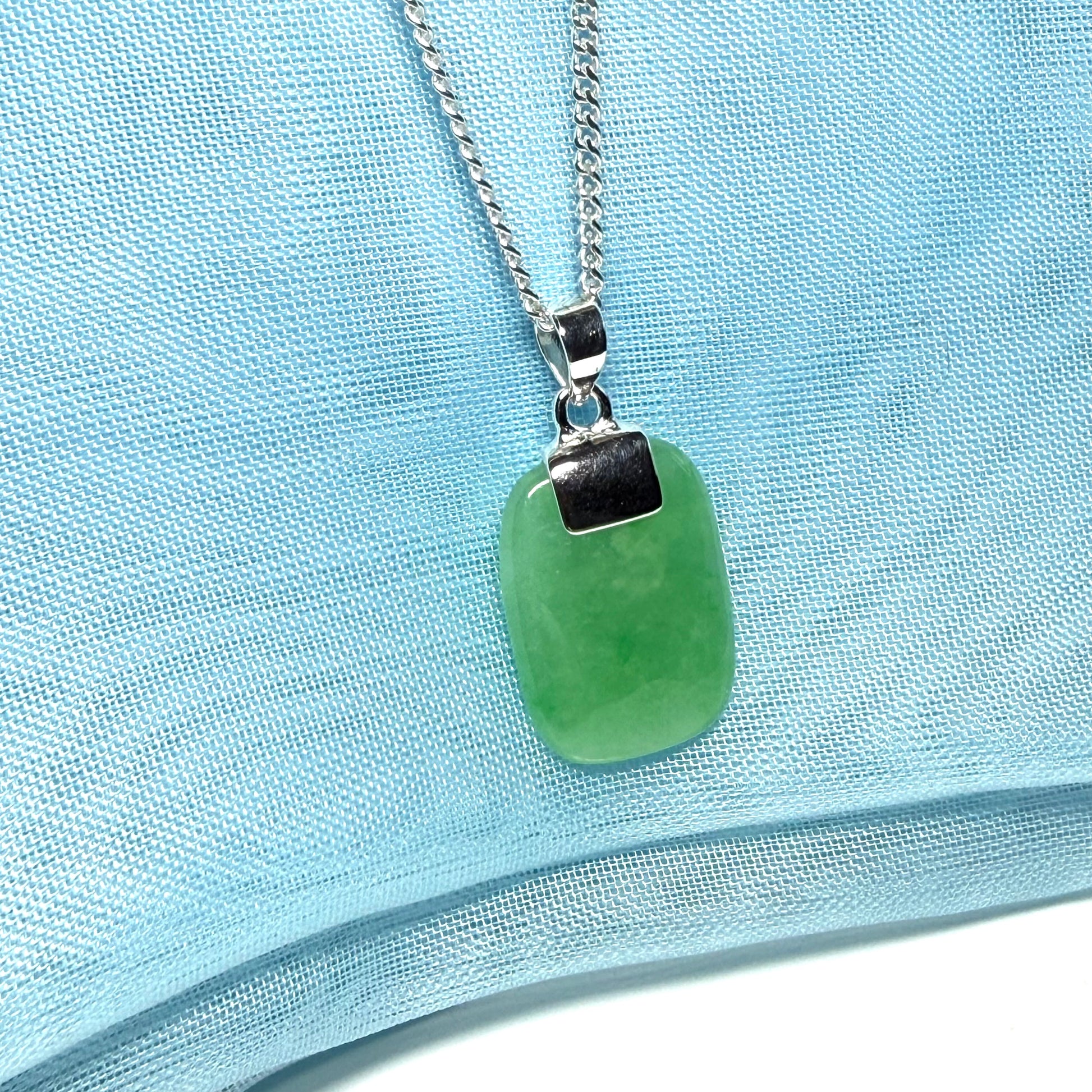 Real jade necklace cushion shaped green stone sterling silver including chain