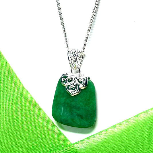 Real jade necklace dark green sterling silver large cushion shape, a timeless designed pendant with chain included