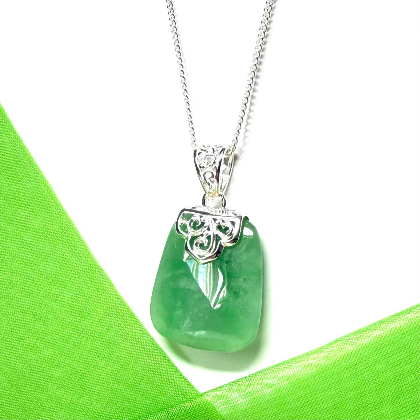 Real jade necklace green sterling silver large cushion shaped, with a timeless design pendant