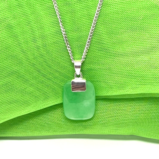 Real jade necklace green sterling silver large cushion shaped, a timeless design with chain included