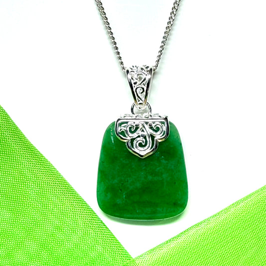 Real jade necklace green sterling silver large cushion shaped, timeless designed pendant
