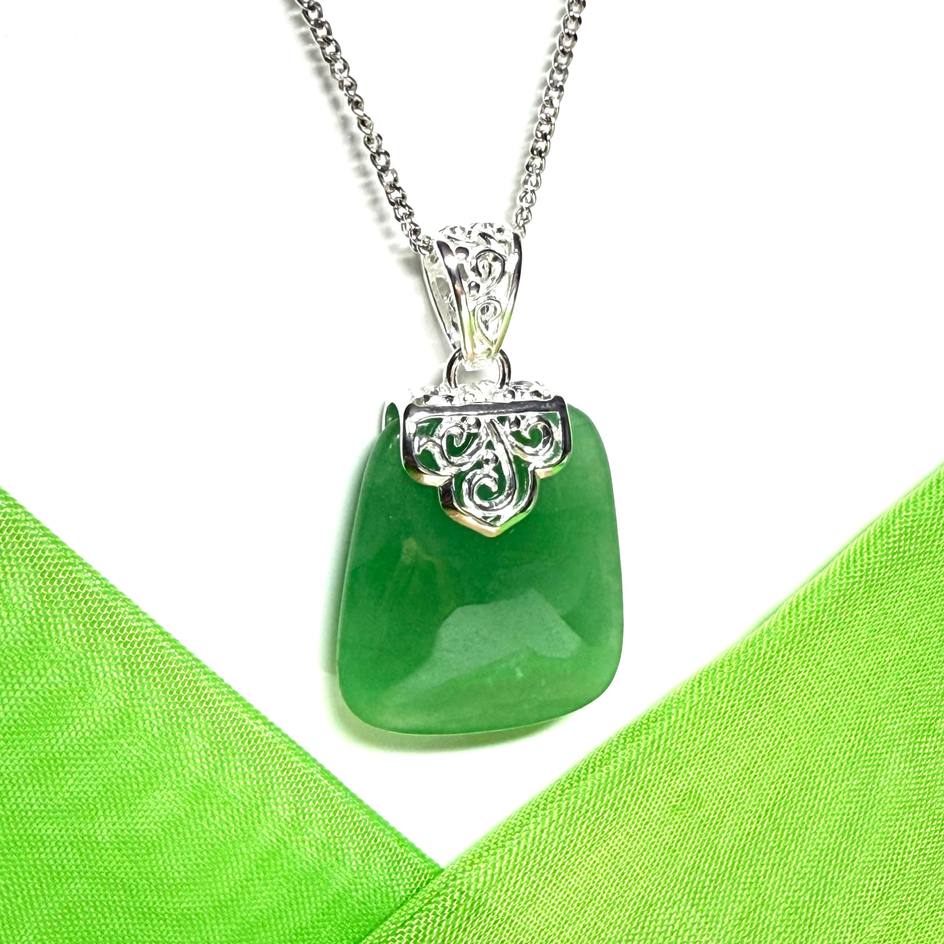Real jade necklace green sterling silver large cushion shaped pendant, a timeless design