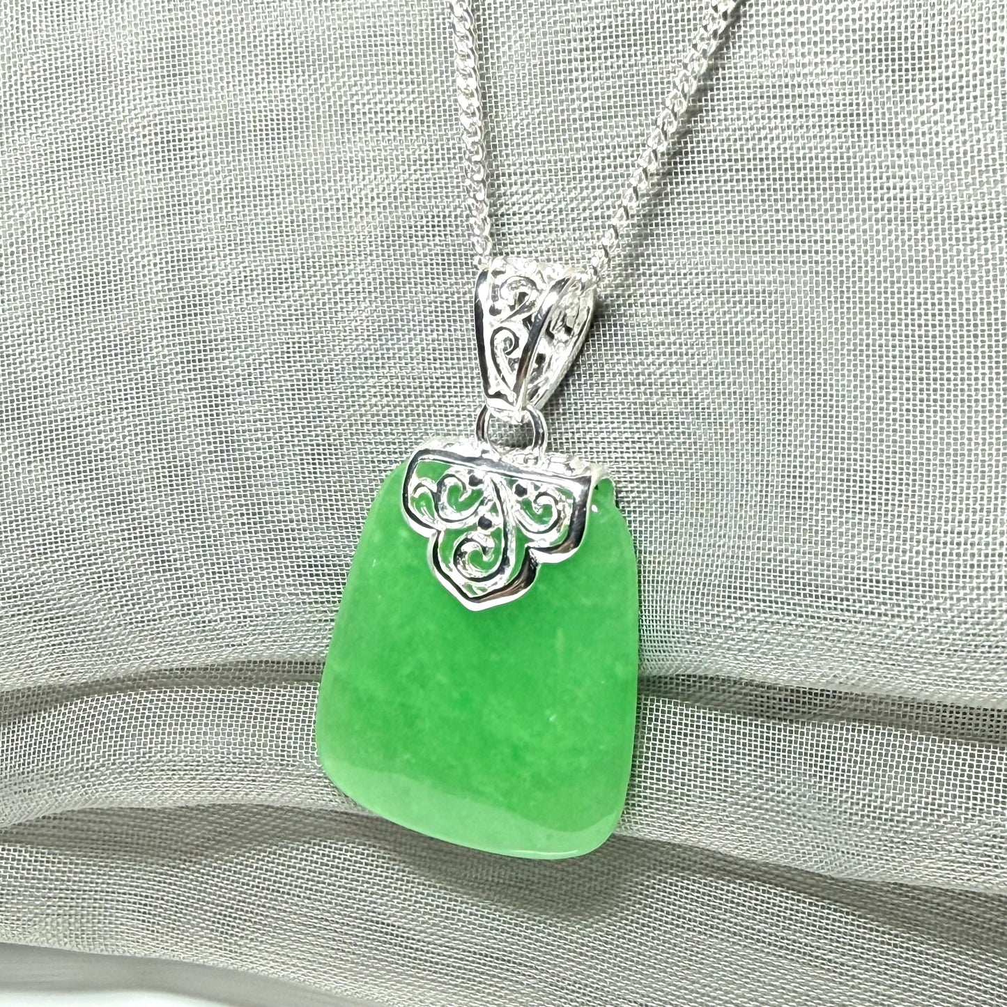 Real jade necklace green sterling silver large cushion shaped, a truly stunning designed pendant