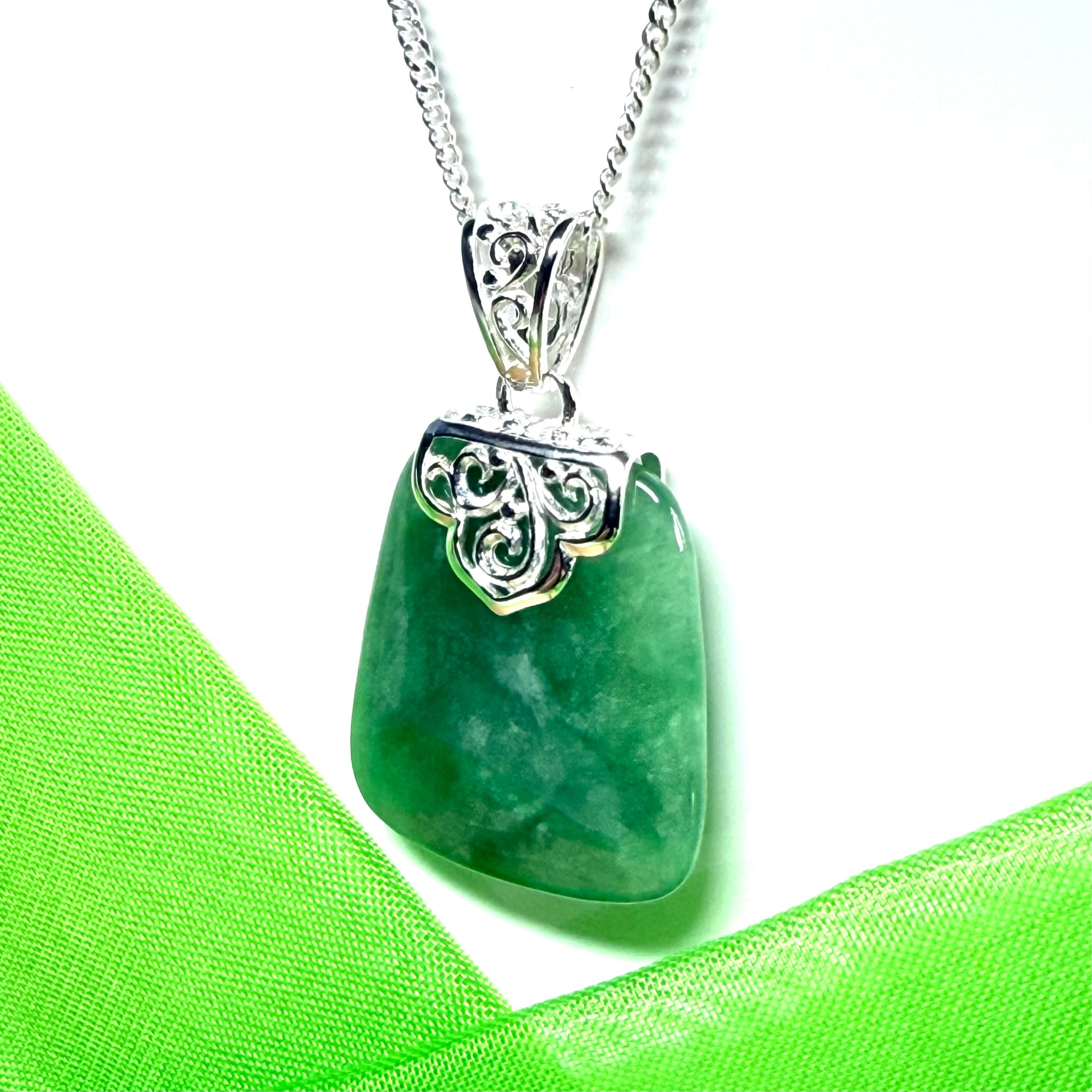 Real jade necklace green sterling silver large cushion shaped pendant, a beautiful necklace