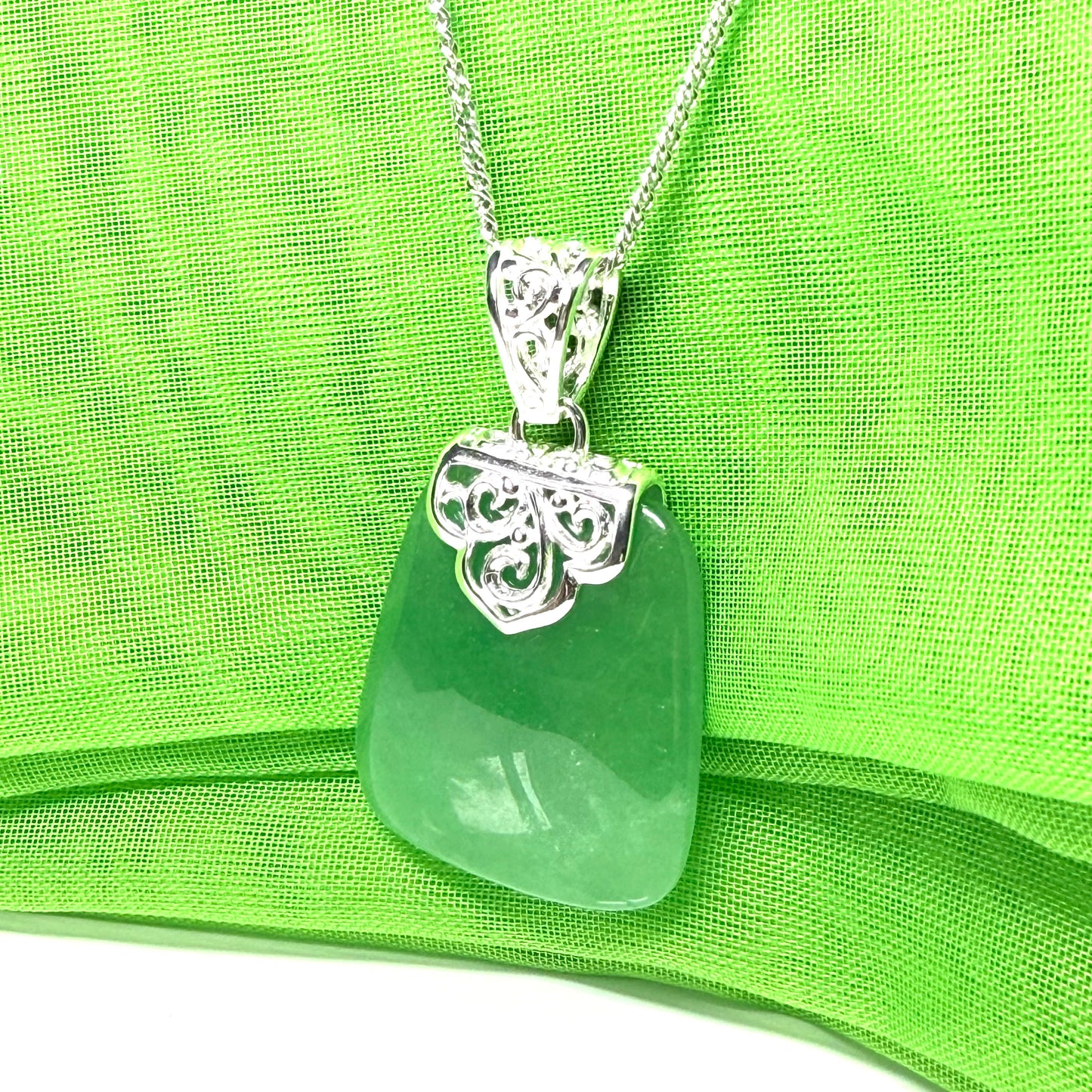 Real jade necklace green sterling silver large cushion shaped pendant, a timeless design