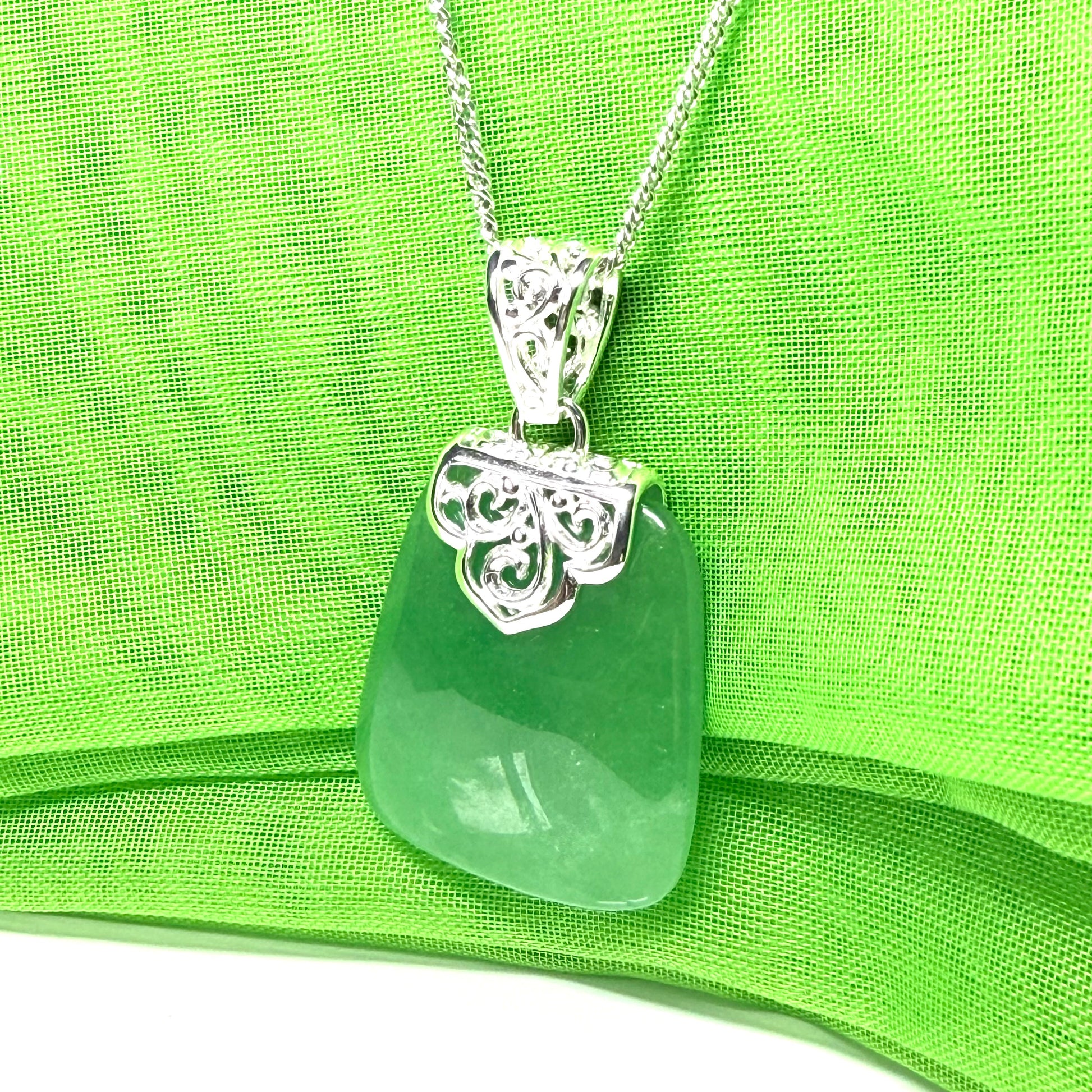Real jade necklace green sterling silver large cushion shaped pendant, a timeless design