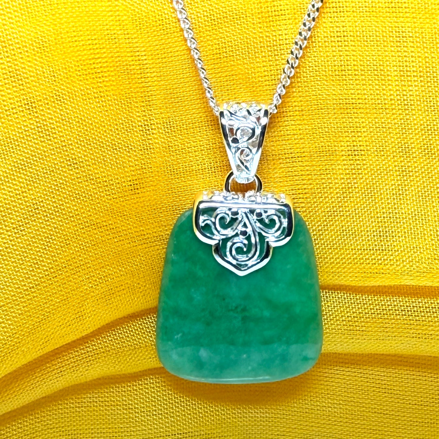 Real jade necklace green sterling silver large cushion shaped pendant, a truly stunning design