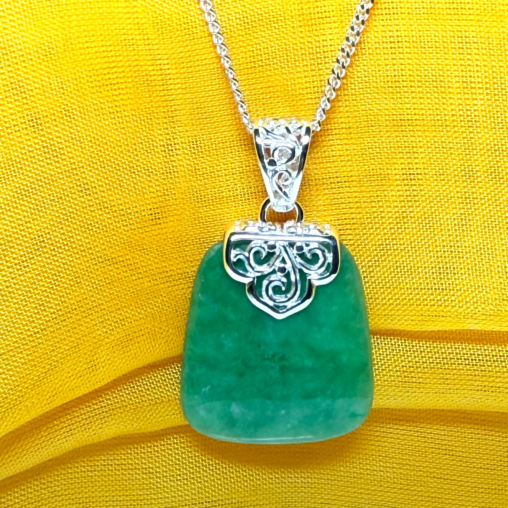 Real jade necklace green sterling silver large cushion shaped pendant, a truly stunning design