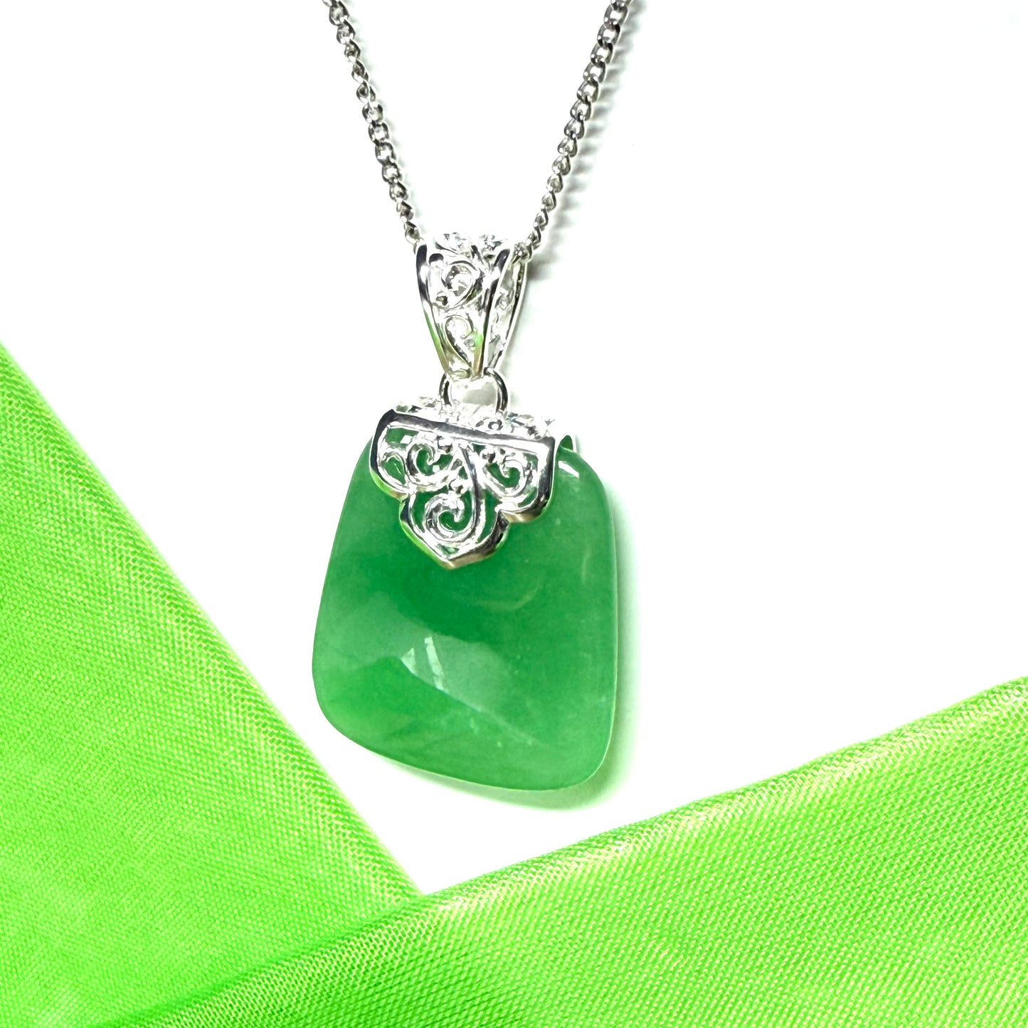 Real jade necklace green sterling silver large cushion shaped pendant, a timeless design