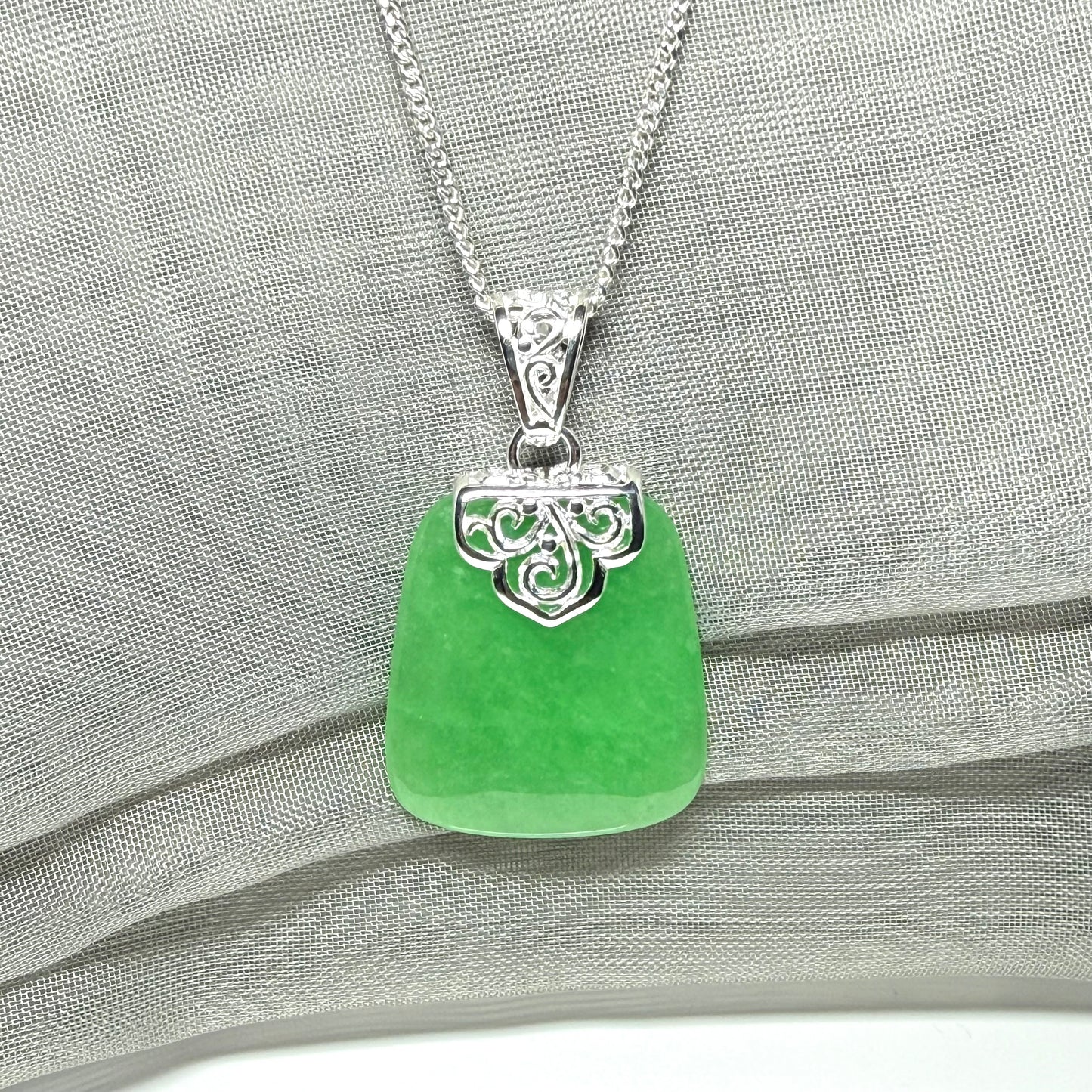 Real jade necklace green sterling silver large cushion shaped, a truly stunning designed pendant