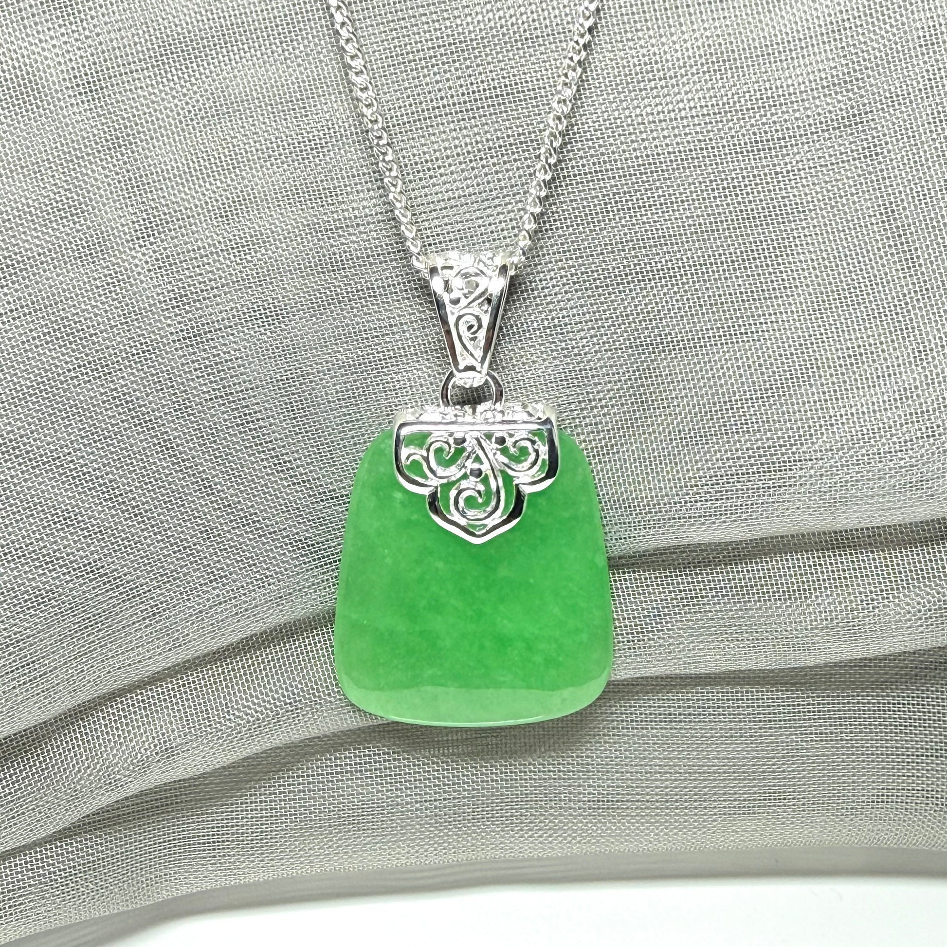 Real jade necklace green sterling silver large cushion shaped, a truly stunning designed pendant