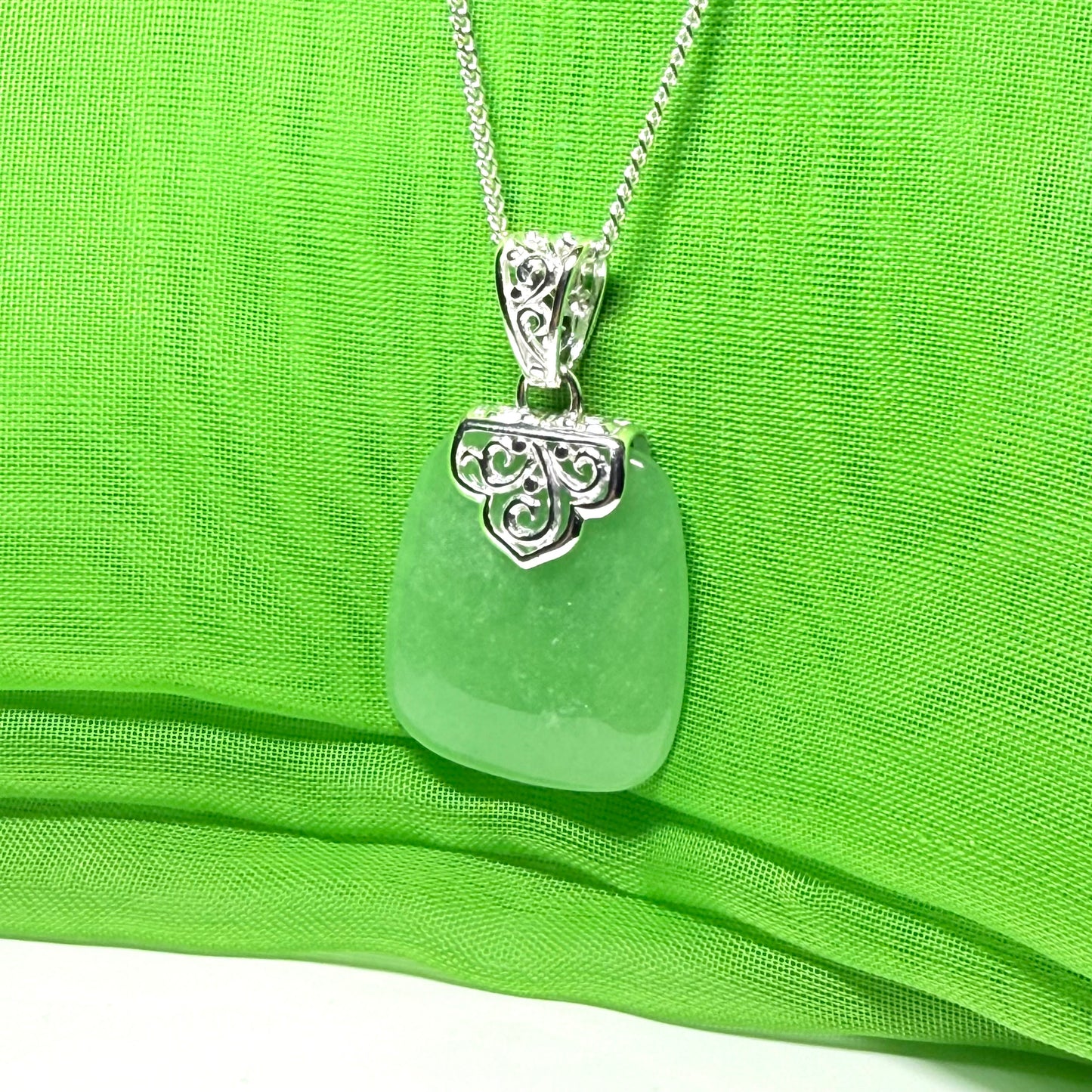 Real jade necklace green sterling silver large cushion shaped, a truly stunning pendant