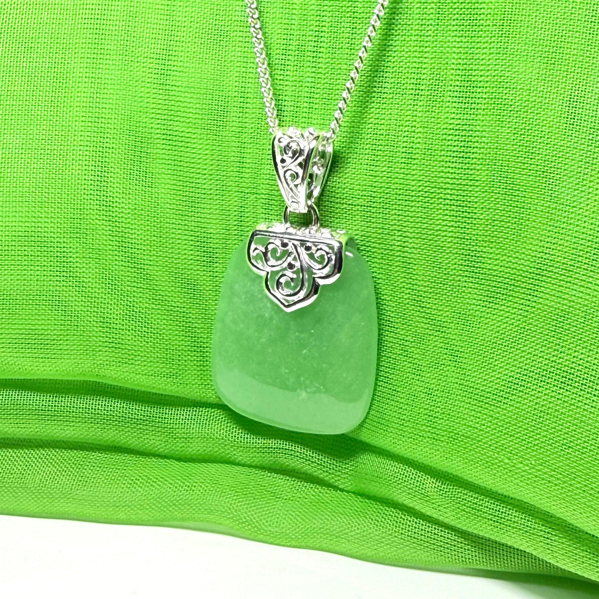 Real jade necklace green sterling silver large cushion shaped, a truly stunning pendant