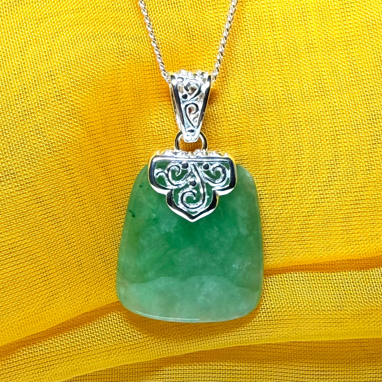 Real jade necklace green sterling silver large cushion shaped, with a truly timeless pendant