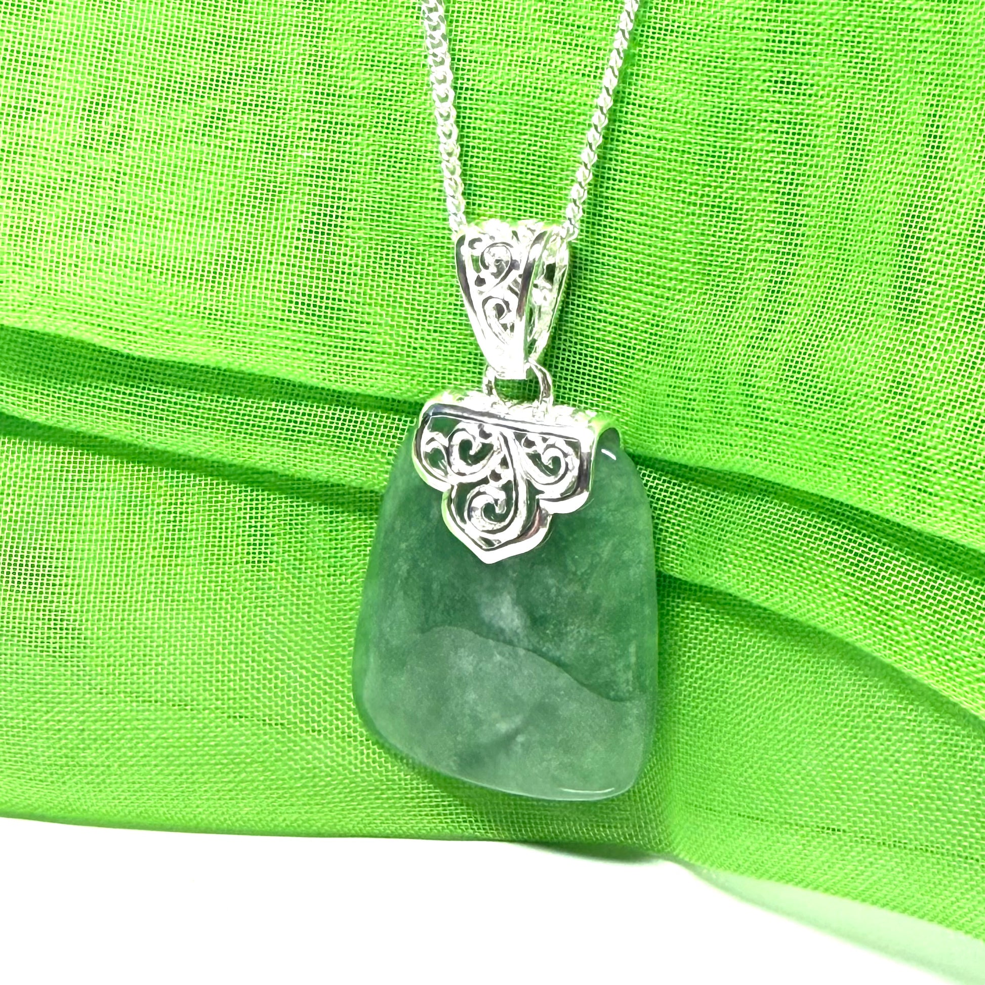 Real jade necklace green sterling silver large cushion shaped pendant, a beautiful necklace