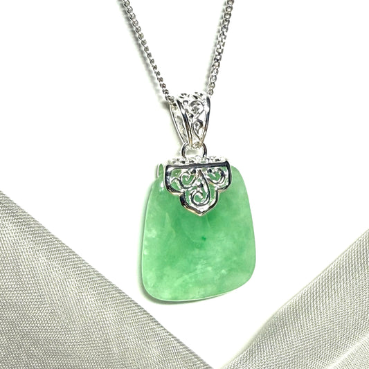 Real jade necklace green sterling silver large cushion shaped, a beautiful pendant design