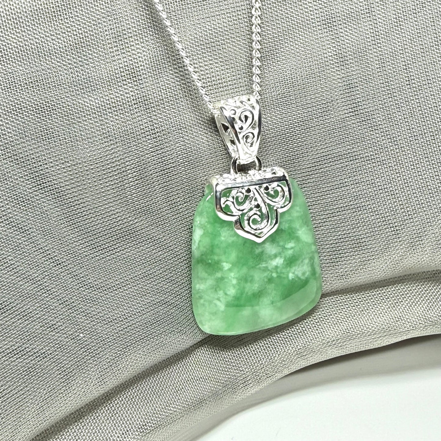 Real jade necklace green sterling silver large cushion shaped, a gorgeous designed pendant with a chain