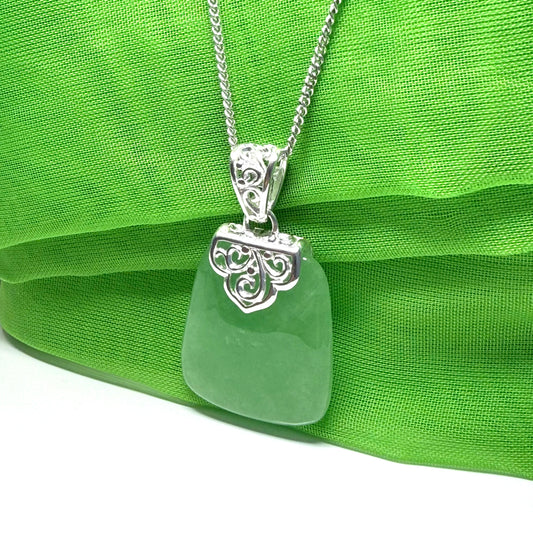 Real jade necklace green sterling silver large cushion shaped, a timeless design with chain