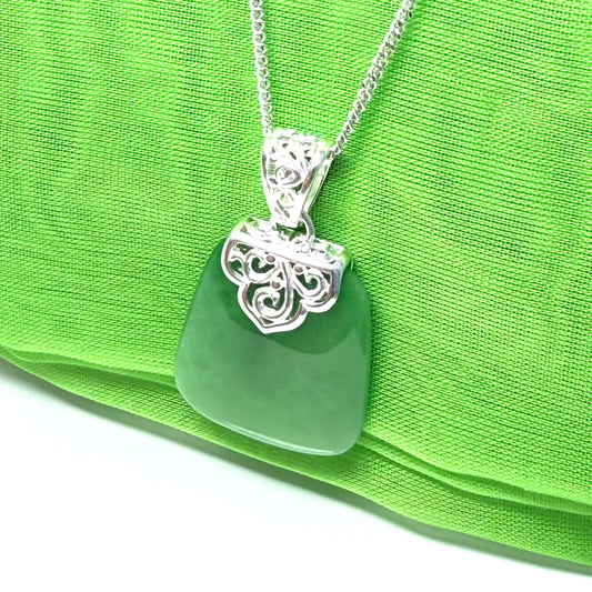 Real jade necklace green sterling silver large cushion shaped, a timeless design with chain included