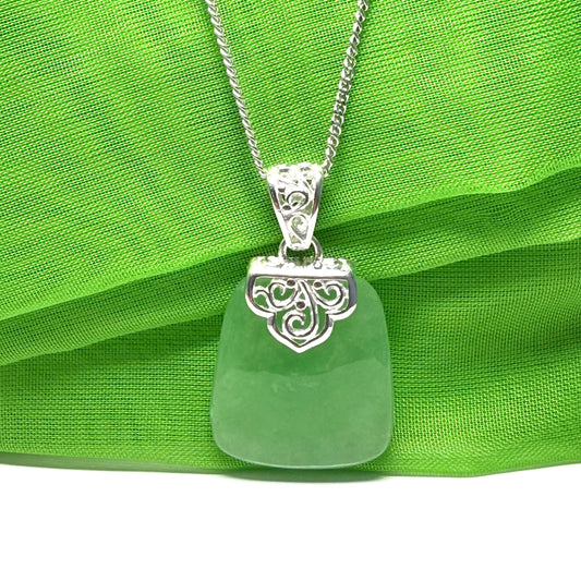 Real jade necklace green sterling silver large cushion shaped, a timeless design with chain