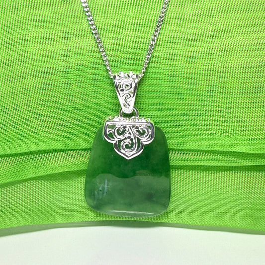 Real jade necklace green sterling silver large cushion shaped, a timeless designed pendant