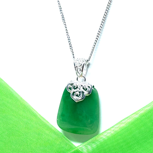 Real jade necklace green sterling silver large cushion shaped, a timeless design with chain included