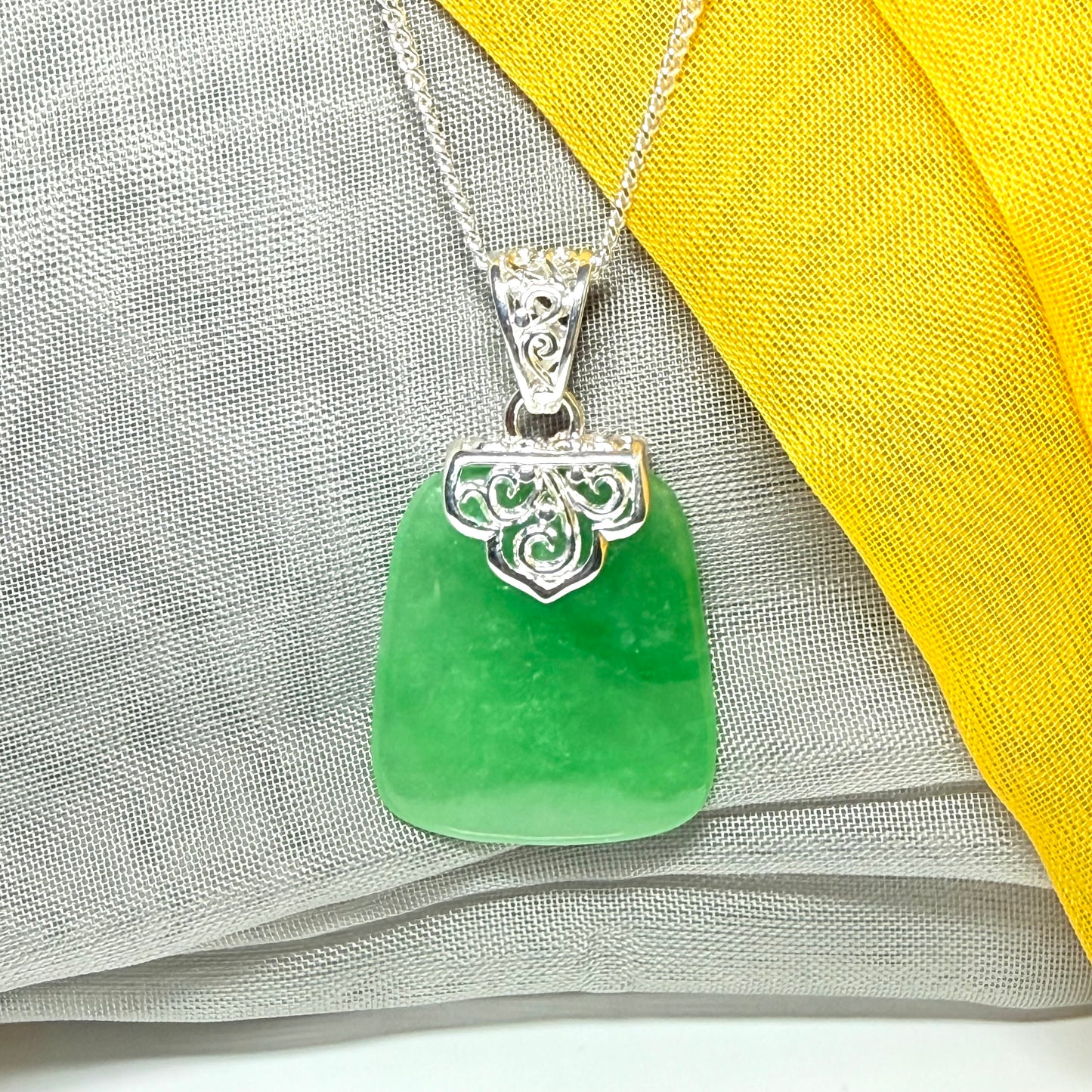 Real jade necklace green sterling silver large cushion shaped, a timeless stunning design