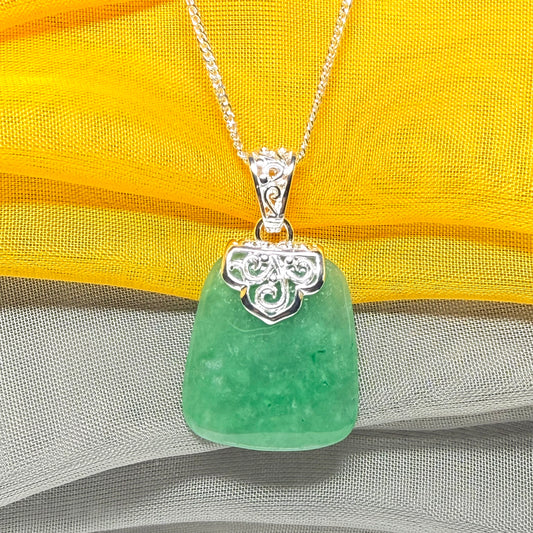 Real jade necklace green sterling silver large cushion shaped, a traditional design pendant with a chain