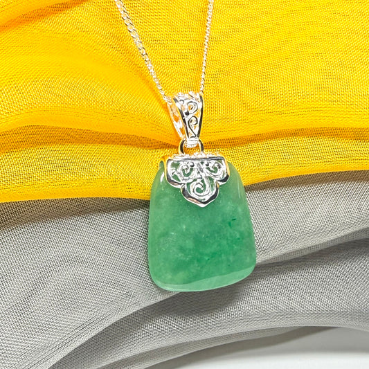 Real jade necklace green sterling silver large cushion shaped, a traditional design pendant with a chain
