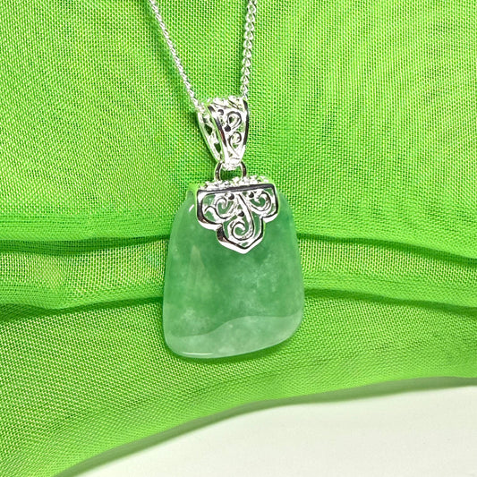 Real jade necklace green sterling silver large cushion shaped, a traditional designed pendant with chain