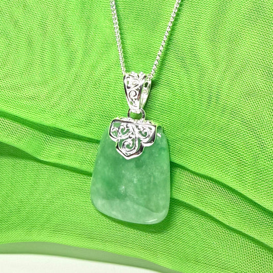 Real jade necklace green sterling silver large cushion shaped, a traditional designed pendant with chain