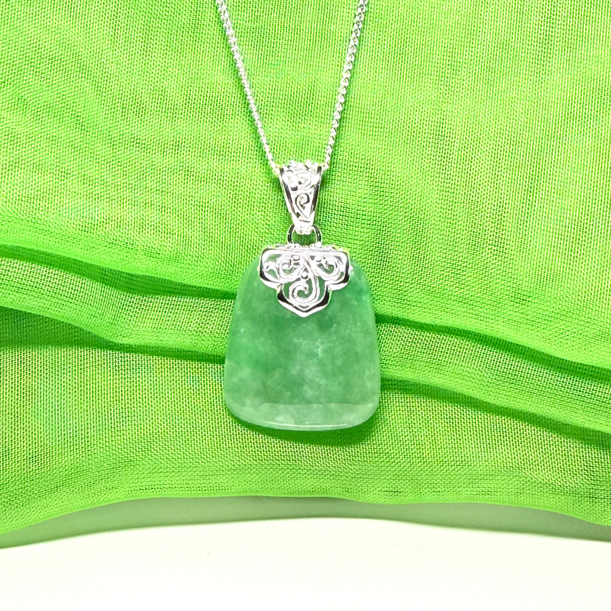Real jade necklace green sterling silver large cushion shaped, a traditional designed pendant with chain