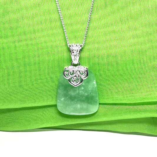 Real jade necklace green sterling silver large cushion shaped, a trendsetting design
