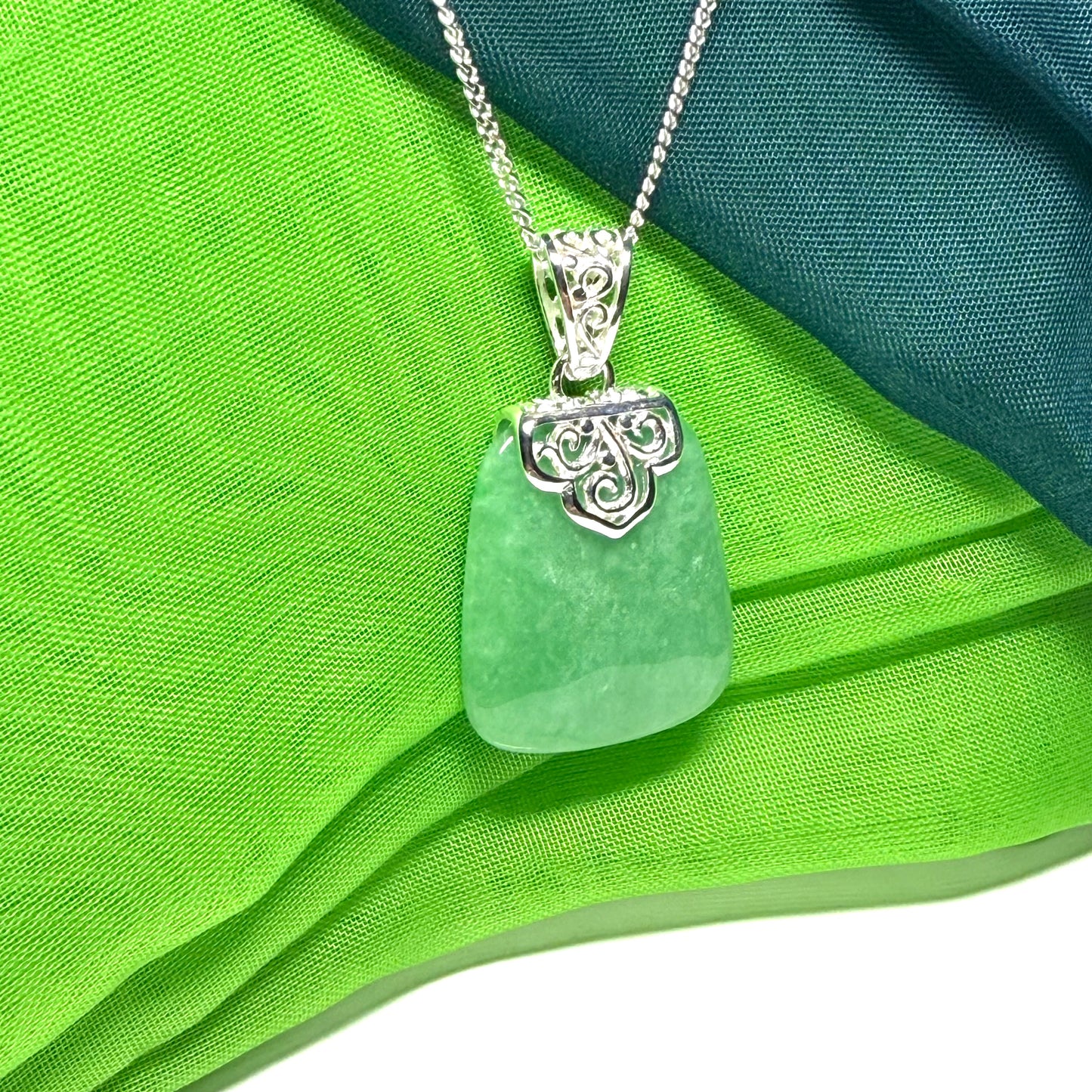 Real jade necklace green sterling silver large cushion shaped, a trendsetting design with a chain