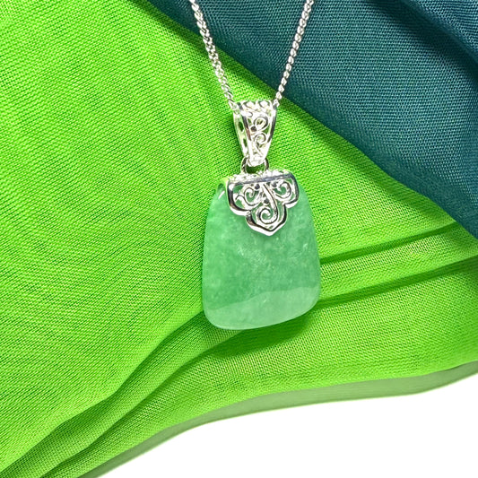 Real jade necklace green sterling silver large cushion shaped, a trendsetting design with a chain